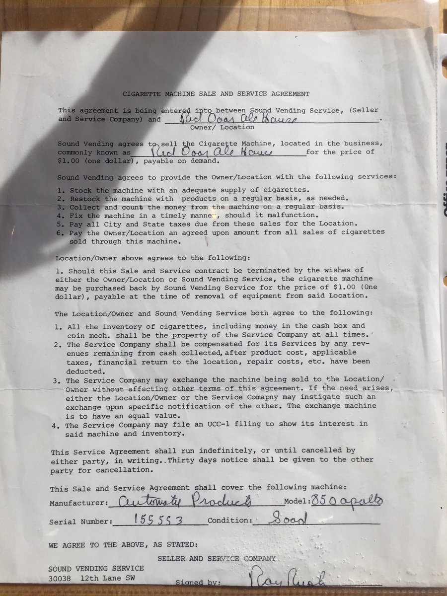 pmhanning's tweet photo. As we wrap up our business @RedDoorSeattle, we came across these 2 gems. Our contracts for the long removed pay phone &amp; cigarette machine. Many things have changed in the last 32 years. https://t.co/F1413BnxIW