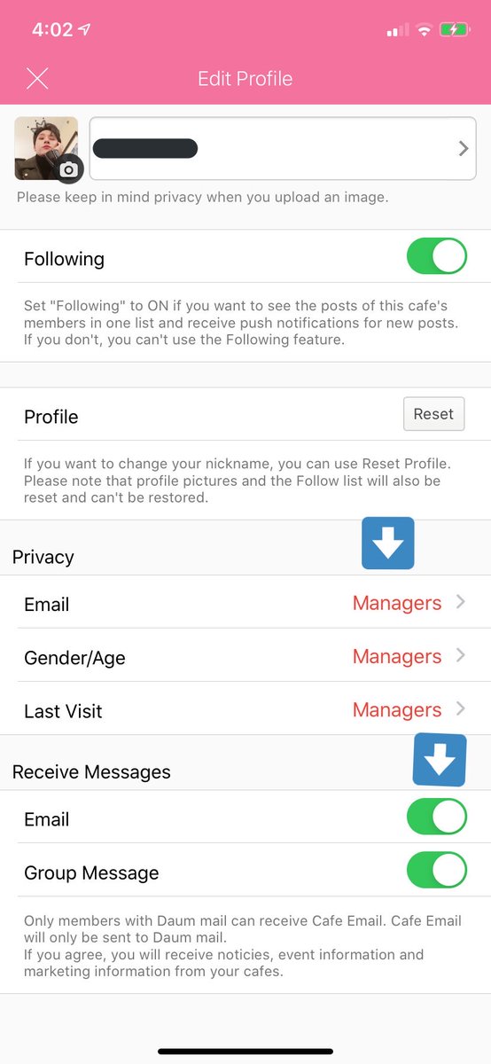 Last order of business. Your privacy settings MUST be set to Managers and Email and Group Messages must be toggled ON. The pictures below show you how to get there and see if your settings are correct: