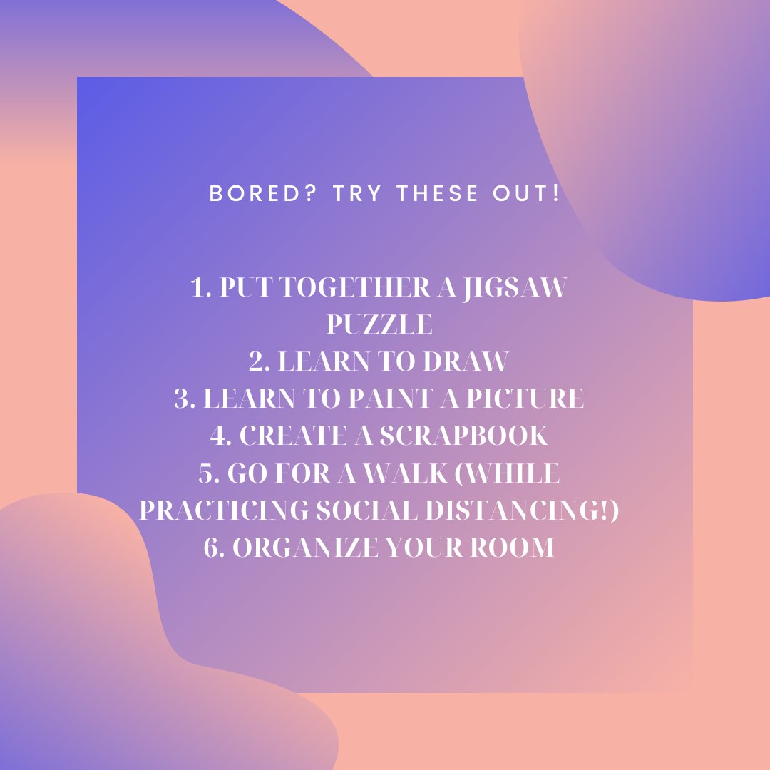 Two more weeks of no school feels like 6 more weeks of winter. If you're starting to get restless and bored, we will be releasing a few things each week you can try to keep you busy!