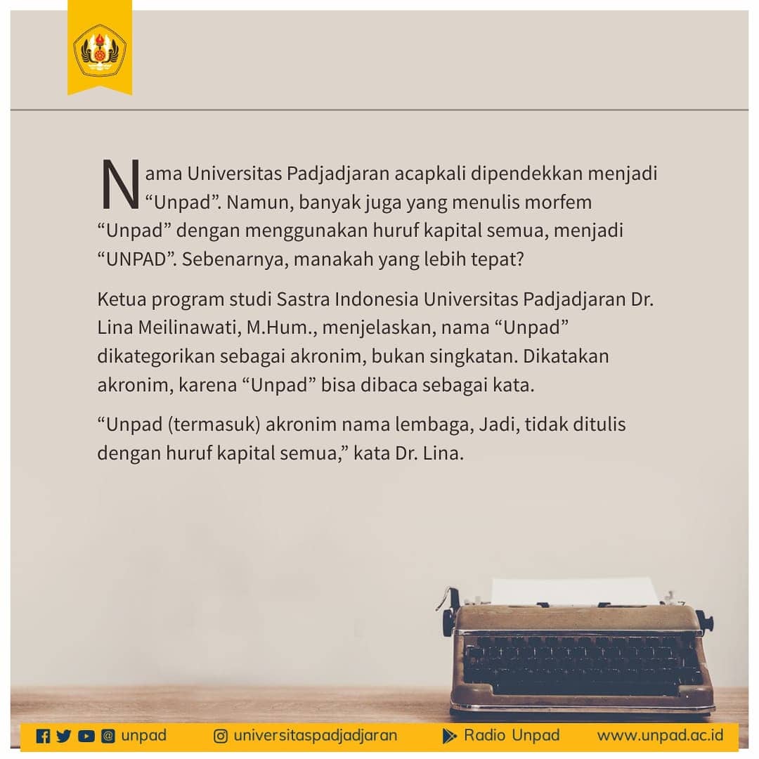 unpad's tweet photo. #InfoUnpad
Hai Sivitas,
Pagi ini #Padmin mau berbagi informasi tentang cara penulisan akronim dari Universitas Padjadjaranan.
Manakah yang tepat cara penulisannya? UNPAD atau Unpad yaa?
Yuk simak penjelasannya.
#UnpadBerkinerja #UnpadBermanfaat #UnpadMendunia https://t.co/L4I6dMqxmk