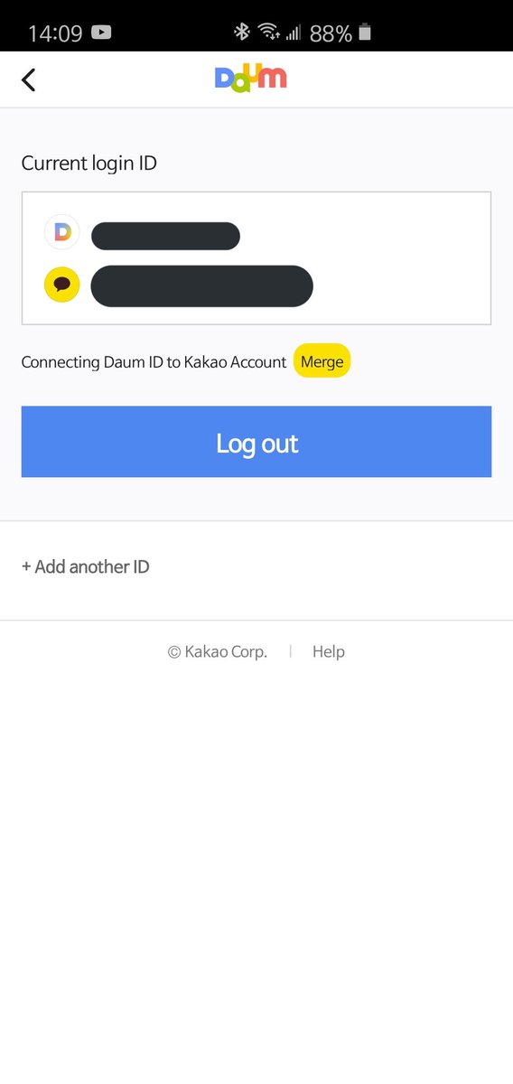 If your screen looks like the one below, it means your account is connected to KakaoTalk, NOT merged. Please input your Daum email (in this picture, the one at the top). Your email is daumid@daum.net. For example, if your Daum ID is "monbebe," your Daum email is monbebe@daum.net.