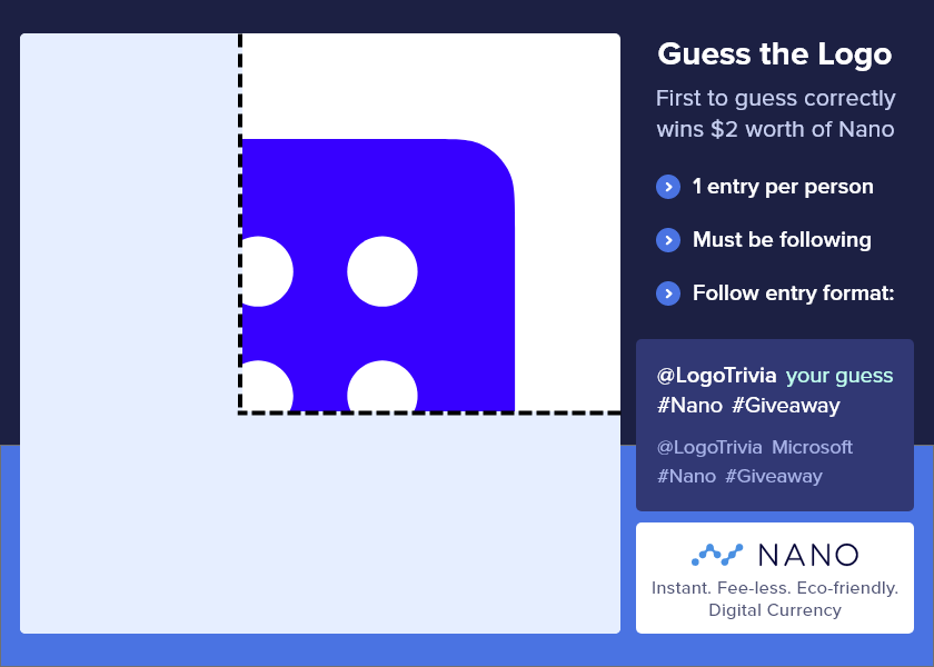 LogoTrivia's tweet photo. Whose logo is this? Be the first to guess correctly and win $2 worth of $Nano!
-> 1 guess per person
-> You must be following to win
-> New game posted every hour
-> Follow the entry format:
@LogoTrivia my-guess #Nano #Giveaway https://t.co/MJP5WwcB2r