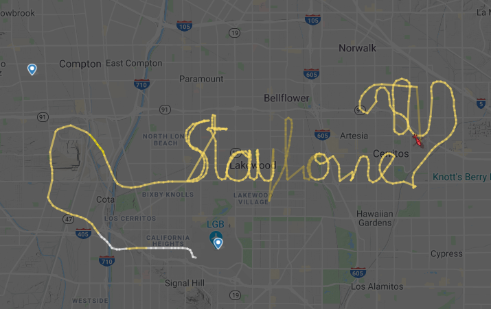 CBSLosAngeles's tweet photo. STAY HOME: One Los Angeles County Sheriff's Department helicopter pilot took a creative approach to remind folks to stay home to stop the spread of coronavirus https://t.co/BcAeH3WJO6 (Photo credit: FlightRadar24) https://t.co/ad9famz7bc