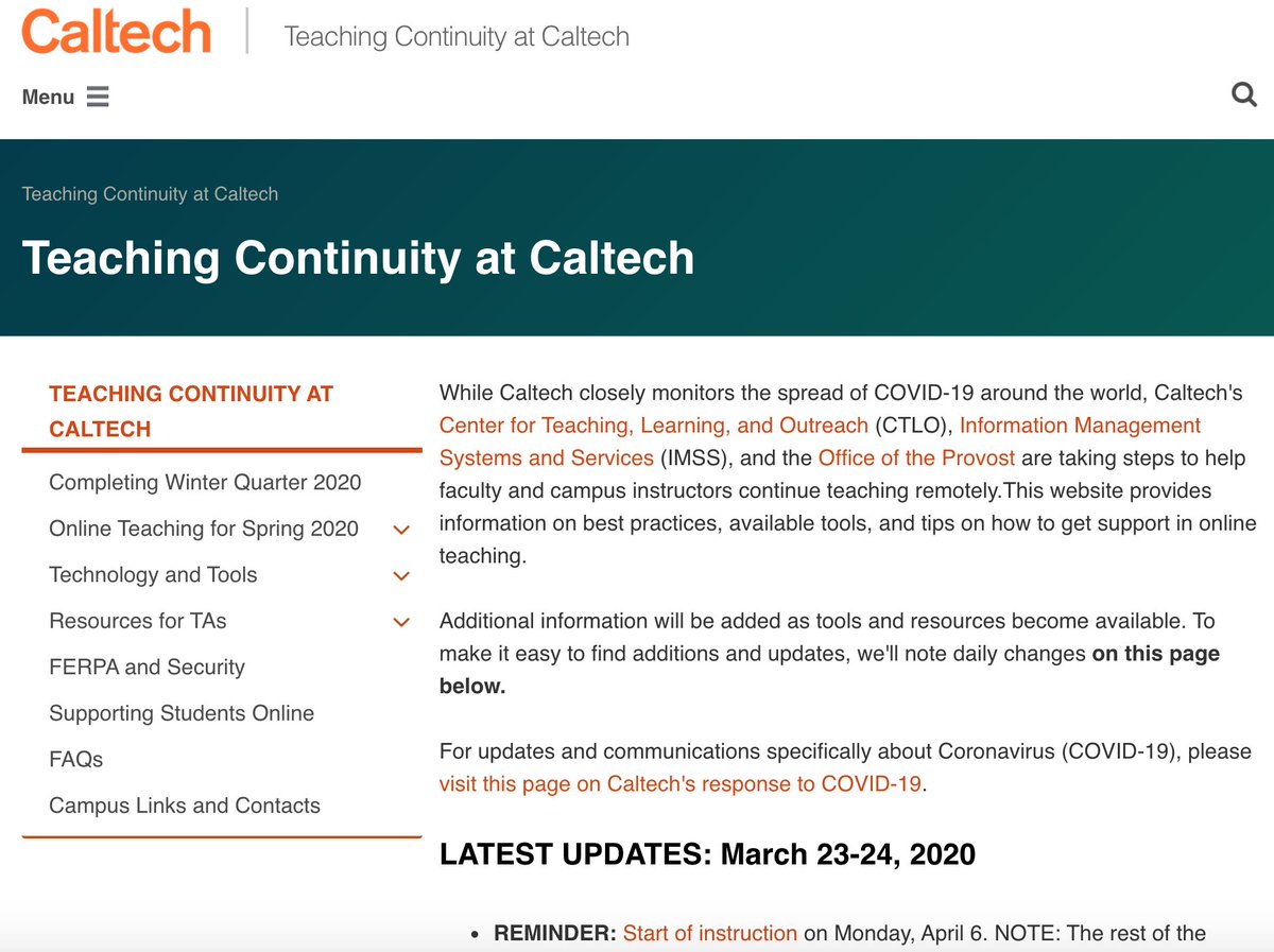 We're here to help #Caltech instructors and TAs with their #OnlineCourses for the spring term! Start by visiting teach.caltech.edu for info and resources, and don't miss the daily change log with NEWS, REMINDERS, and UPDATES.