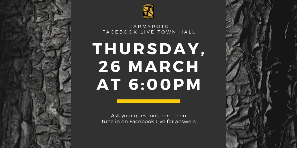 Army ROTC (@armyrotc) on Twitter photo Join us Thursday, 26 March at 6:00pm for a Facebook Live Town Hall! <a href="/CG_ArmyROTC/">Brig. Gen. Maurice Barnett</a> will address #ArmyROTC and answer questions about how the COVID-19 pandemic is reshaping our plans across Army ROTC.
Drop your questions ⬇️!
<a href="/TRADOC/">U.S. Army TRADOC</a>
<a href="/PaulFunk2/">GEN Paul E. Funk II</a>
facebook.com/events/5291338… Join us Thursday, 26 March at 6:00pm for a Facebook Live Town Hall! <a href="/CG_ArmyROTC/">Brig. Gen. Maurice Barnett</a> will address #ArmyROTC and answer questions about how the COVID-19 pandemic is reshaping our plans across Army ROTC.
Drop your questions ⬇️!
<a href="/TRADOC/">U.S. Army TRADOC</a>
<a href="/PaulFunk2/">GEN Paul E. Funk II</a>
facebook.com/events/5291338…