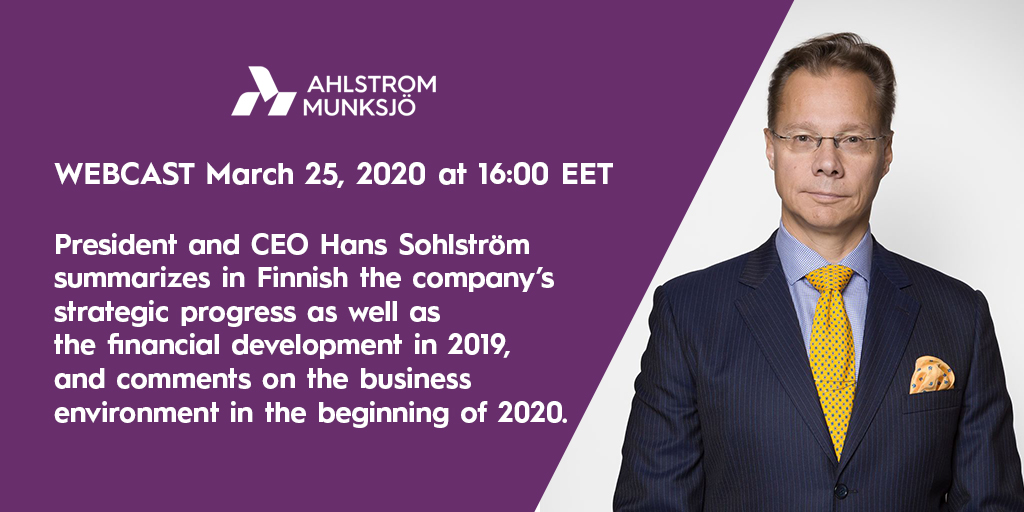 AhlstromGlobal's tweet image. Live webcast in Finnish March 25, 2020 at 16:00 EET about Ahlstrom-Munksjö's strategic progress and the business environment in the beginning of 2020. Presentation in English will be available online before the webcast starts: ahlstrom-munksjo.com/Investors/repo…