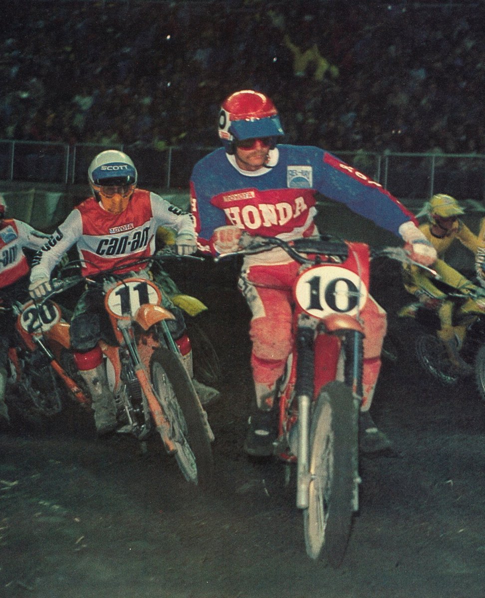 Seattle Supercross History. 

Local hero Jim Pomeroy (#10) holeshots the second heat race ahead of Gary Semics (#11). Honda had 75 riders on its team in 1978, including the winner of the race, Jimmy Ellis (not pictured)

The Seattle race was the last main event Ellis ever won.