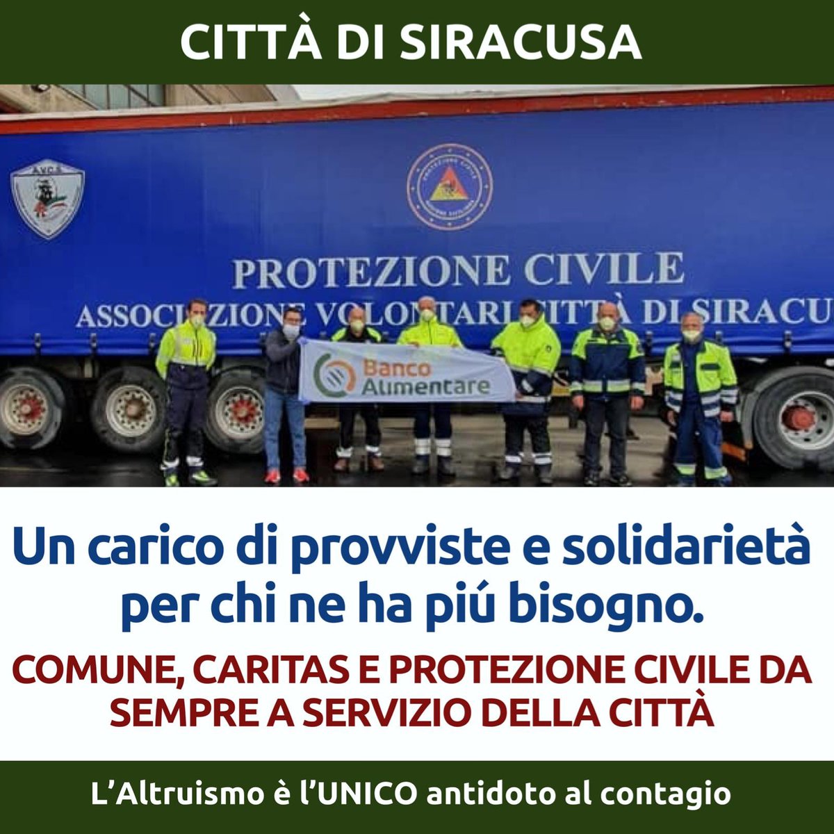 italiasindaco's tweet photo. #StopAlContagio
Ecco le foto di un carico pieno di provviste e viveri che la #Caritas sta distribuendo a chi ne ha BISOGNO a #Siracusa. Più di 1450 famiglie sono state supportate e siamo pronti a continuare grazie allo straordinario contributo dei VOLONTARI di #ProtezioneCivile. https://t.co/PJwW3hYwDS