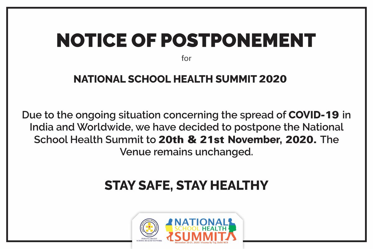 sharpngo's tweet photo. *Important Announcement*
#healthconference #schoolhealthsummit #healthinnovations #healthcareleadership #NSHS2020 #SchoolHealthAwards #Schoolhealthinnovations #exhibitions #mentalhealth #csr #schoolhealthcampaign #digitaladdiction #paperpresentation #HealthComesFirst #delhi #ncr https://t.co/yUT6PlYPBp