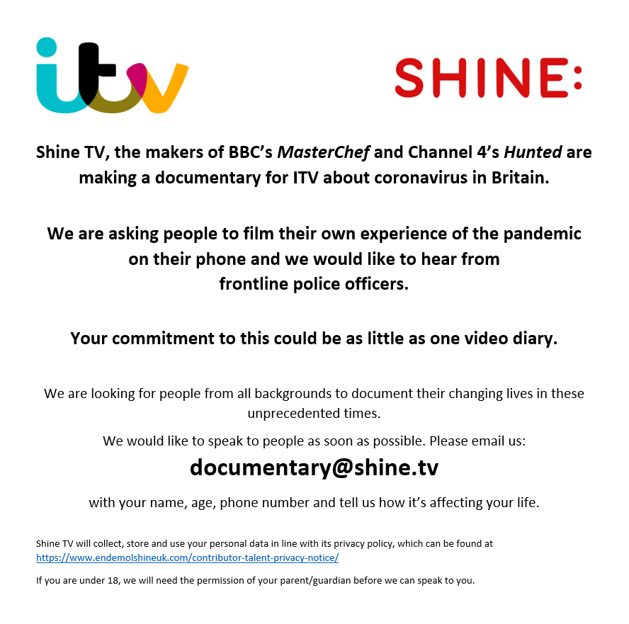 Are you a police officer working on the frontline during #coronavirus? How has the recent lockdown affected your job? We're looking for people to share their story for an ITV documentary. Please email us: documentary@shine.tv #covid19UK #UKlockdown #ukpolice #FrontLineHeroes