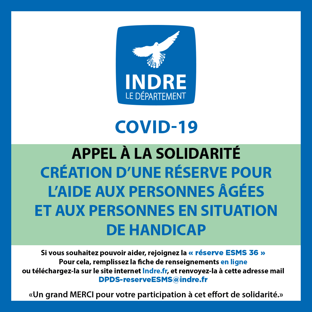 Indre36's tweet photo. Appel à la solidarité : rejoignez la réserve ESMS 36 
👉https://t.co/0ecb1GF87s

#COVID19 #Indre #TousMobilisés #TousSolidaires 
@Prefet36 @pompiers36 @nrchateauroux @FB_Berry https://t.co/ARr2myiyNZ