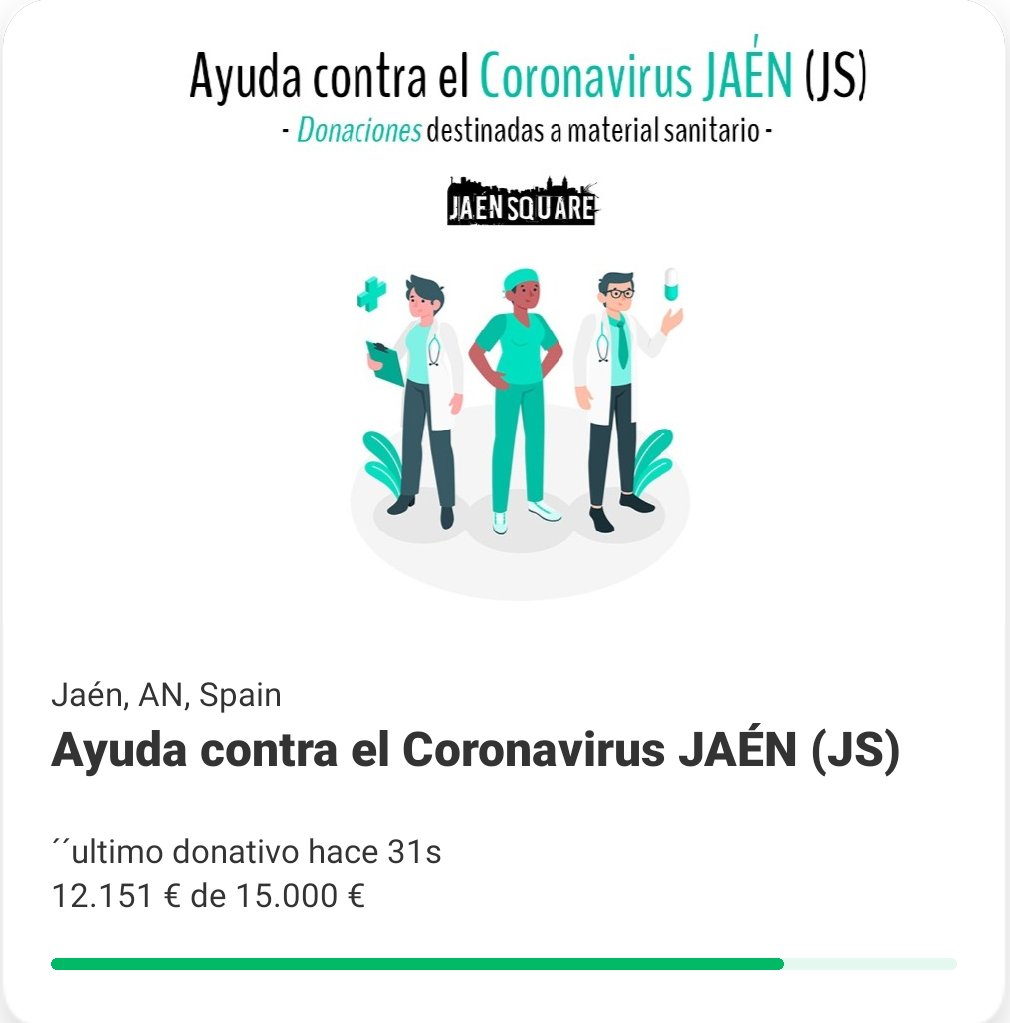 📲Hace menos de 24h iniciamos una recaudación para la donación de material sanitario al Hospital de Jaén.

💪🏻Llevamos más de 12.000 euros, y es que Jaén es solidaria SIEMPRE

📢Ampliaremos el tope, GRACIAS INFINITAS A TODOS/AS

Aquí la web 👇🏻

gofundme.com/f/ayuda-contra…