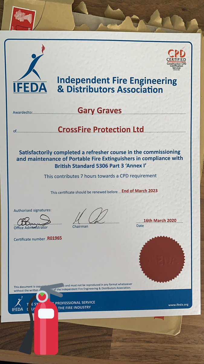 Every days a school day. Passed my BS 5306 part 3 ‘annex 1’ refresher course last week.  So did Gary Graves my Fire Risk Assessor / Staff Trainer.  Always ask for competency! 🔥 🧯