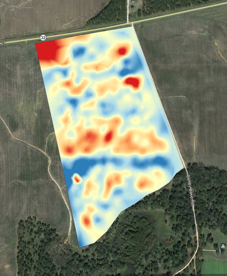 geoprospectors's tweet photo. This field is located in Georgia (USA) near Leesburg. 
We see all the elements on the ECa survey, what we can see in satellite imagery. It's a great example why the historical imagery can be just one approach to form management zones. #topsoilmapper #precisionfarming #ecmaps https://t.co/BbQxRzSvUP