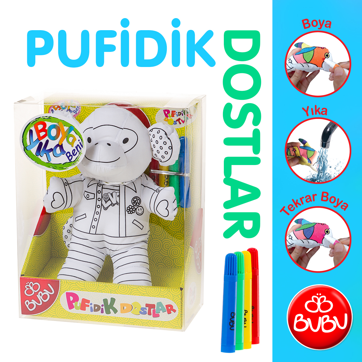 BUBUTurkiye's tweet photo. Pufidik Dostlarınla tanışma vaktin gelmedi mi? Boya, Yıka, Tekrar Boya! Böylece eğlence hiç bitmesin! 🥰🥳
#bubucocuk #pufidikdostlar #yikaboya #tekrarboya https://t.co/t2cSjbnx8h