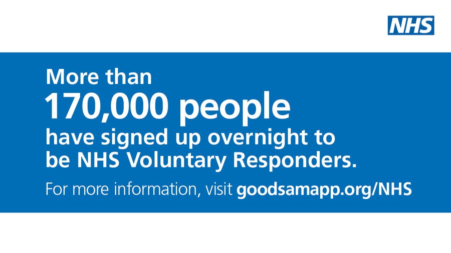 Do something amazing today: VOLUNTEER

In this time of crisis, we must all pull together. There are those out there who desperately need our help. YOU can make a real difference.

I've signed up. Will you?

england.nhs.uk/2020/03/your-n…

We need thousands more #nhsvolunteers. Please RT