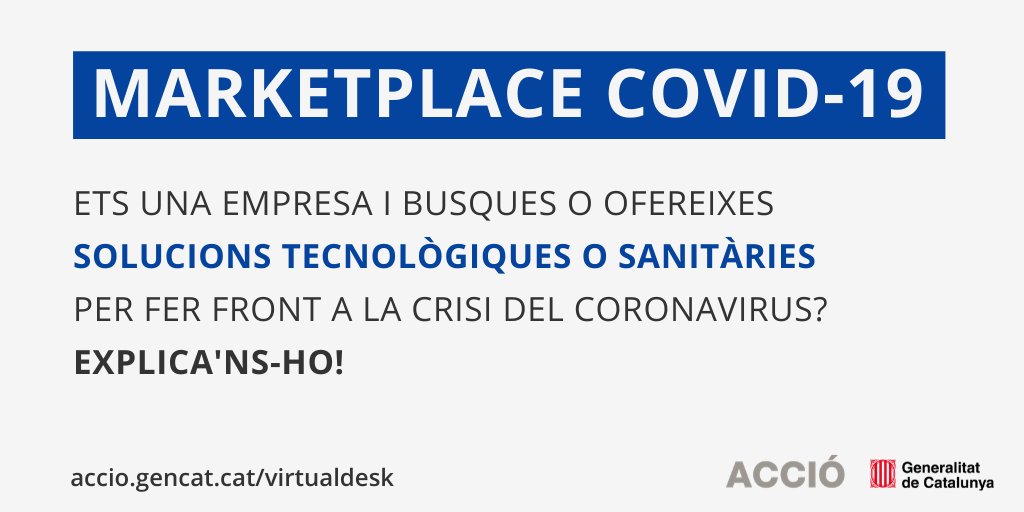 accio_cat's tweet photo. 🔝 Impulsem la col·laboració empresarial per fer front a l’emergència sanitària provocada pel #coronavirus. 

Busques o ofereixes solucions? Registra’t al Marketplace #COVID19 d'ACCIÓ! 📝⤵️
https://t.co/WynXleKD0N https://t.co/IUIaqI1ue3