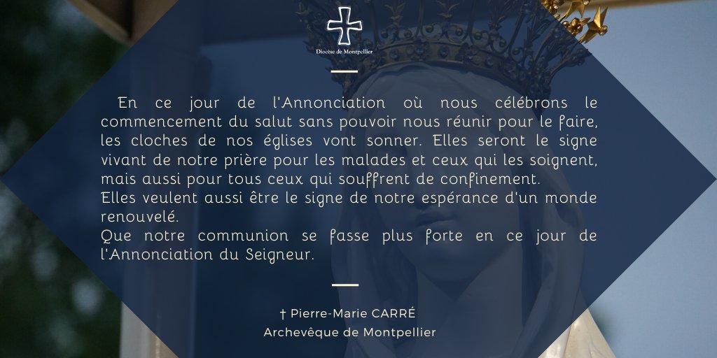 #illuminonslannonciation " Que la communion se fasse plus forte en ce jour de l'#annonciation du Seigneur". 
Les cloches🔔de nos églises sonneront à 19h30 et nous sommes tous invités à faire briller des bougies🕯 sur nos fenêtres au même moment. <a href="/Eglisecatho/">Église catholique en France</a>  <a href="/RCFMag/">RCF Hérault 📻🎙</a>