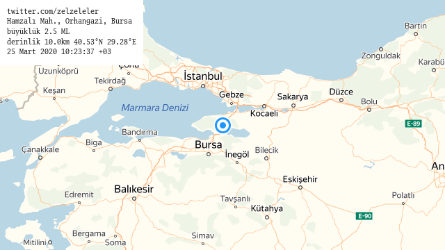 Hamzalı Mah., #Orhangazi, #Bursa
büyüklük 2.5 ML (2 dk önce)
derinlik 10.0km 40.53°N 29.28°E
25 Mart 2020 10:23:37 +03
#deprem