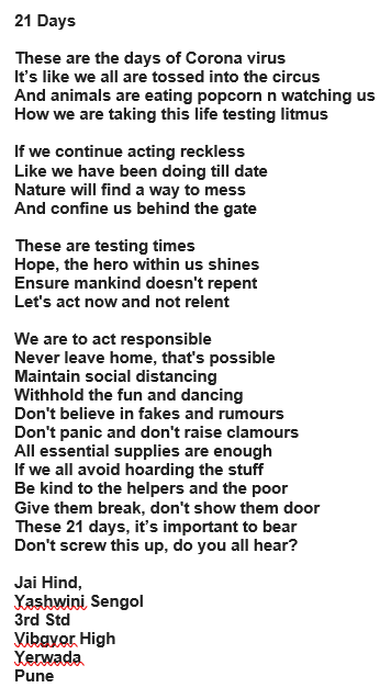 ssengol's tweet photo. @PMOIndia a small poem from Yashwini to drive the importance of the 21 days lockdown to our countrymen https://t.co/ZM3q9gx4nm