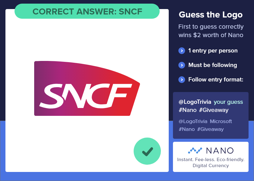 LogoTrivia's tweet photo. @CFlipple Winner, Winner! Correct answer was: Null. @NanoTipBot !tip $2 Null https://t.co/efSE2y3iL0