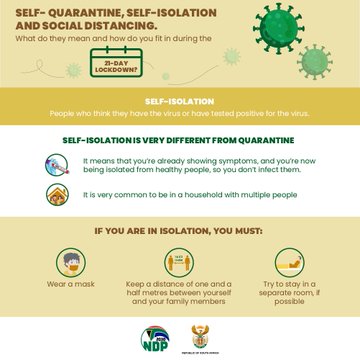 GovernmentZA's tweet photo. Do you know the difference between self-quarantine, self-isolation and social distancing? #Covid19SA #21daylockdown https://t.co/f71zUqY17H