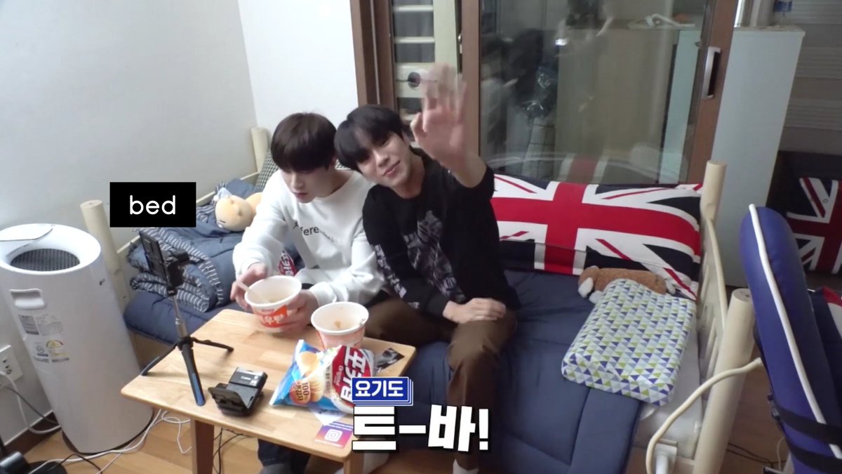 4) JUNGHWAN's room details:- no roommate- single bed- his ygtb poster and jaehyuk's baby pic are hanging on the wall