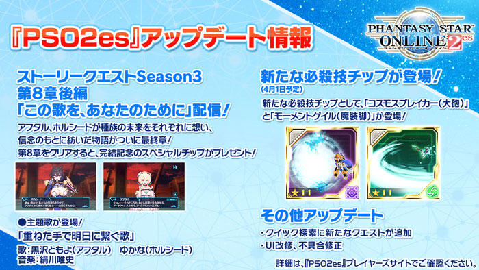 ファンタシースターオンライン2 Es公式 V Twitter 3 24に Pso2 Station 発表した Pso2es の新情報です Pso2es アップデート情報です ストーリークエストseason3第8章後編配信です 新たな必殺技も追加いたしますよ 生放送のスライドでは3月25日と記載し ファンタシースターオンライン2 Es公式 V Twitter 3 24に Pso2 Station 発表した Pso2es の新情報です Pso2es アップデート情報です ストーリークエストseason3第8章後編配信です 新たな必殺技も追加いたしますよ 生放送のスライドでは3月25日と記載し