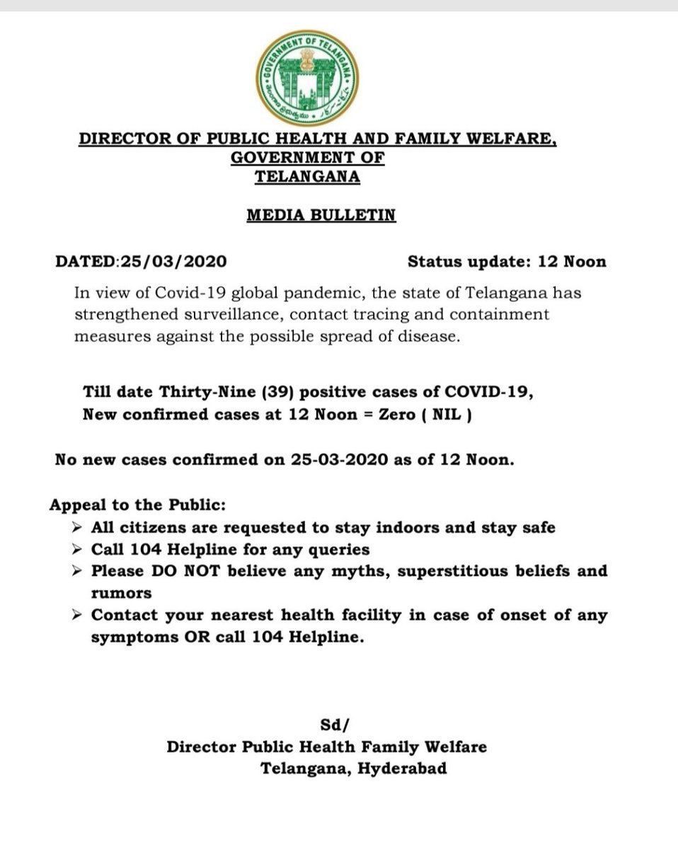 Director of Public Health and Family Welfare, Govt. of Telangana – Corona Virus (COVID-19) - Status update at 12 noon #coronavirus <a href="/TelanganaHealth/">Office of Minister for Health, Telangana</a>
