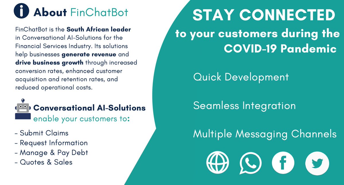 Alleviate the stress on your business of not having #callcentres available. @finchatbot can develop Conversational AI-Solutions for #FinancialServices businesses in as little as a 5 days.

Chat to us: hello@finchatbot.com

#Finchatbot #Covid19SA #fintech #insurtech #AI