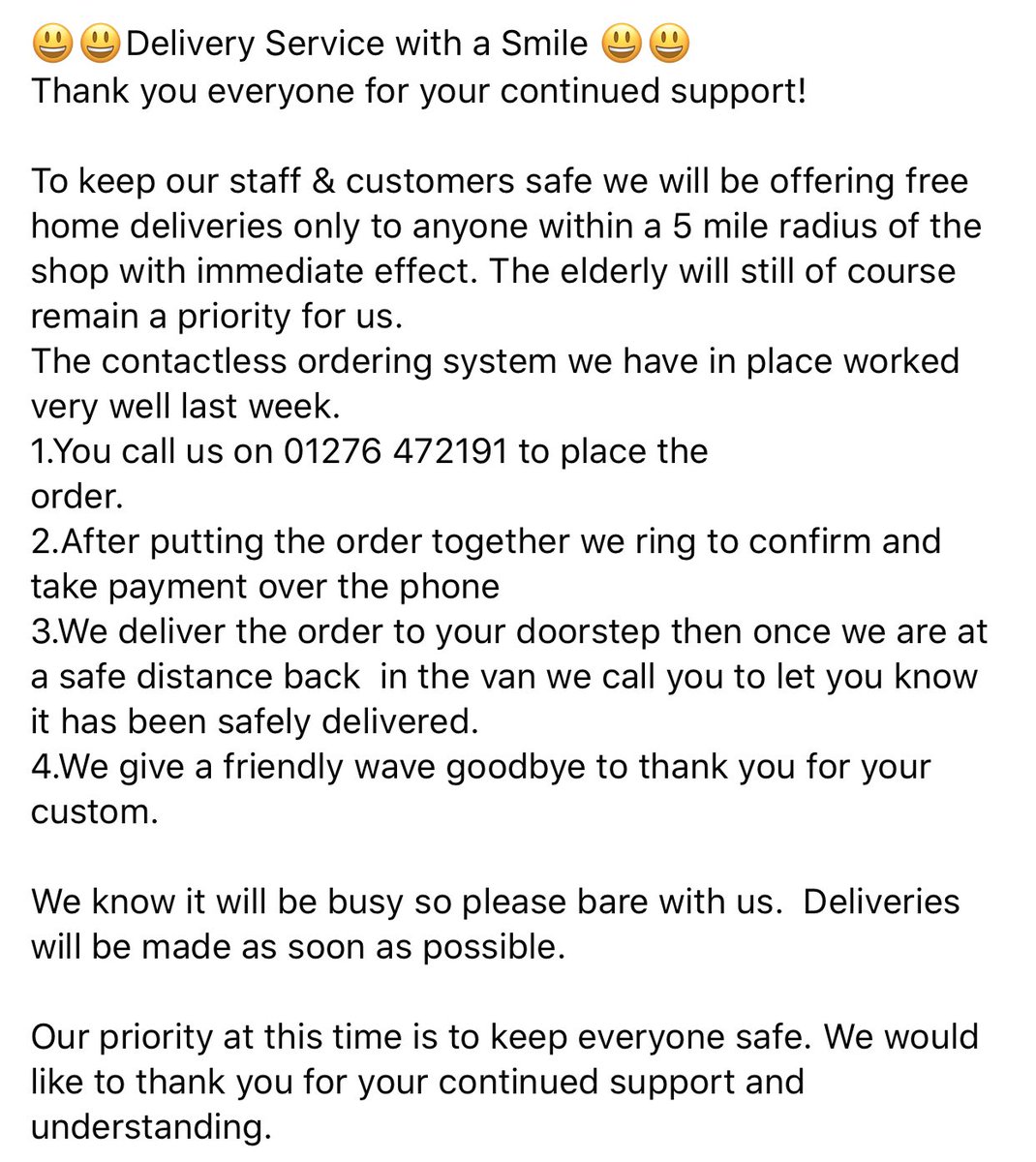 We are taking telephone orders with free delivery only 📞🚛 #staysafe #StayAtHome #StayAtHomeSaveLives #butcher #butchers #butchersshop #lightwater #chobham #windlesham #bagshot #westend #frimley #camberley #wentworth #sunningdale #surrey #surreyheath