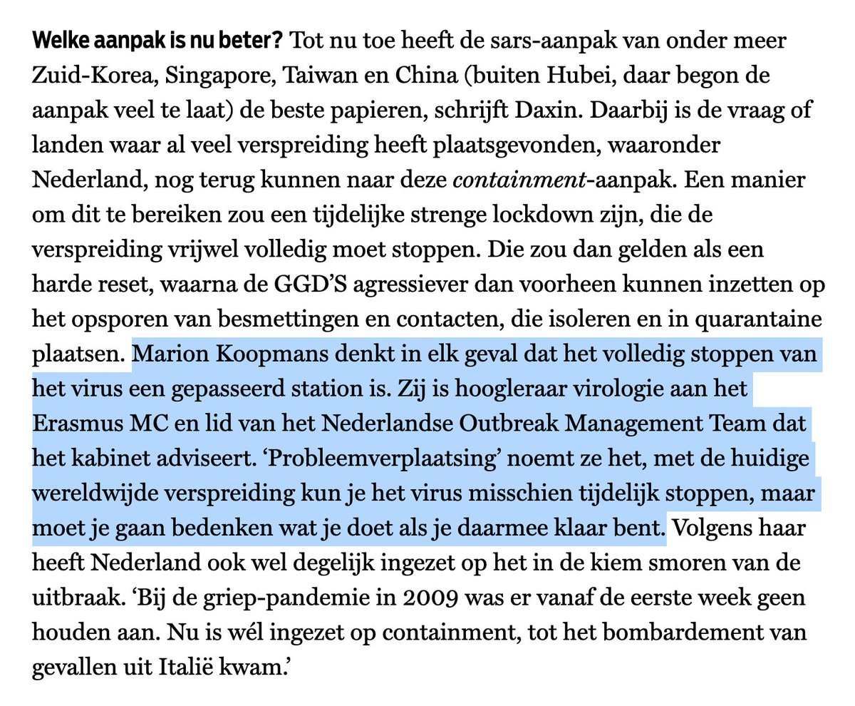 Marion Koopmans zegt tegen De Groene dat het volledig stoppen van het virus een gepasseerd station is  https://www.groene.nl/artikel/langzaam-richting-smorenVertragen voorkomt echter niet een piek, tenzij je constant de maatregelen versoepelt en dan weer aanscherpt…  https://www.imperial.ac.uk/media/imperial-college/medicine/sph/ide/gida-fellowships/Imperial-College-COVID19-NPI-modelling-16-03-2020.pdf