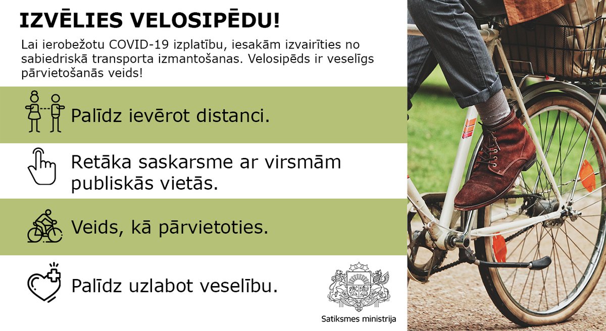 Sat_Min's tweet photo. Lai ierobežotu COVID-19 izplatību, iesakām izvairīties no sabiedriskā transporta izmantošanas un dot priekšroku citiem pārvietošanās veidiem. Piemēram, velosipēdam! 🚴 https://t.co/QuE8ZNknYv