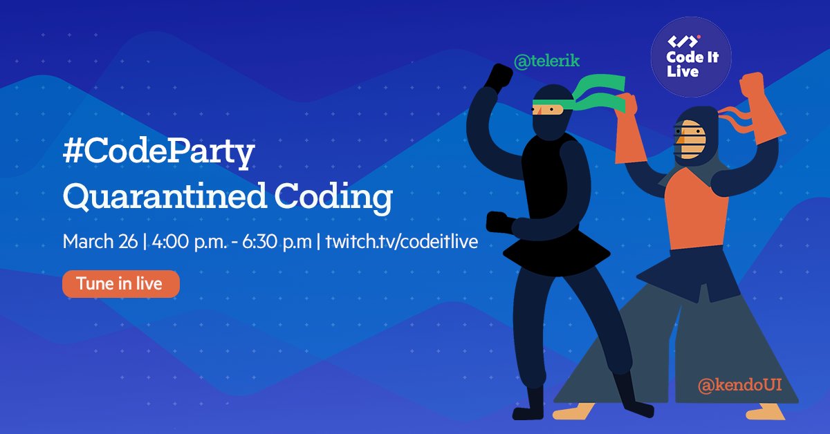threebit_io's tweet image. Ready for a #CodeParty with @ddskier & @csharpfritz 🤔towards the end of the 12 h Quarantined Coding on the #CodeItLive @Twitch channel this Thursday? We’ll be there, too – with trivia❓s, 🎁s & fun surprises! Check out the full event: telerik.com/quarantined-co… @Telerik @KendoUI