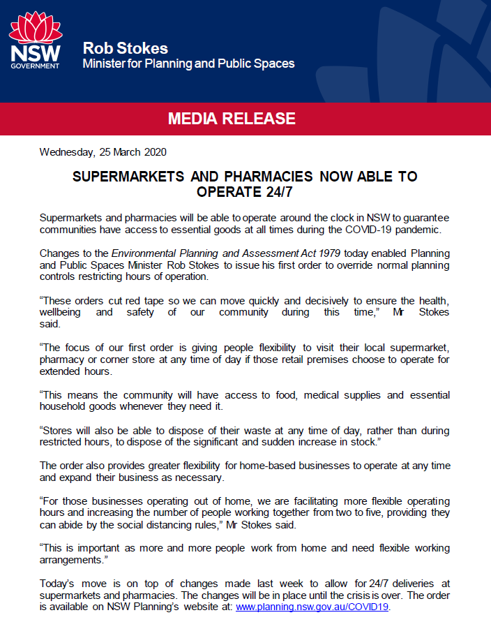 Supermarkets & pharmacies in NSW will now be able to trade around the clock, if they choose to, so people can access essential goods whenever they need them during this period. Businesses & people need more flexible arrangements right now, and we're making it happen. #COVID19au