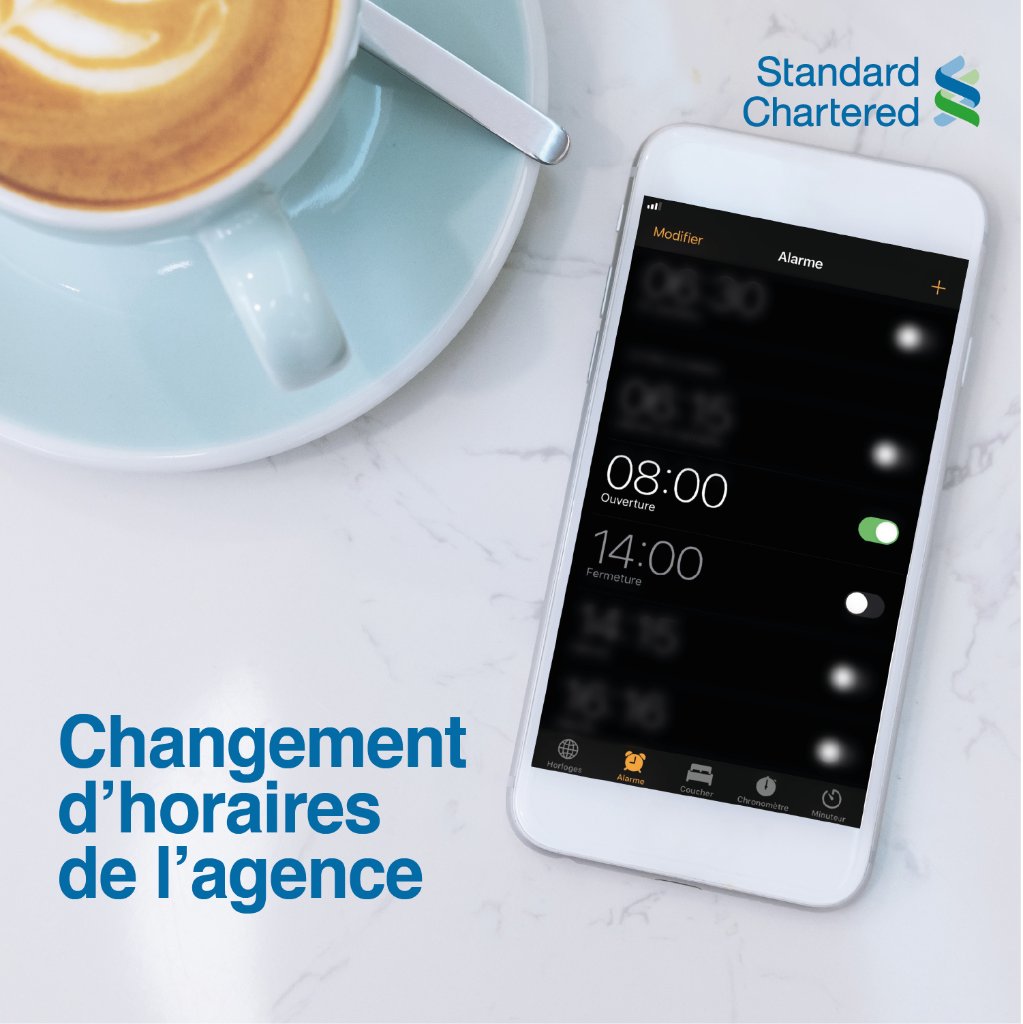 StanChartCI's tweet image. Cher client, 
Compte tenu de la situation actuelle, nous réaménageons nos horaires à compter du Mercredi 25 Mars 2020. 
Désormais, notre agence sise au plateau boulevard de la république, ouvrira à 8 heures et fermera à 14 heures
