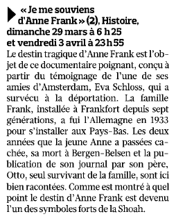 csommet's tweet photo. La guerre dans tous ses états… Le documentaire "Je me souviens d'Anne Frank", en diffusion linéaire et replay @histoiretv,  parmi les 5 recommandations d'@dechab pour mieux comprendre le second conflit mondial ! A lire aujourd'hui dans @Le_Figaro https://t.co/fa83pw2kXW