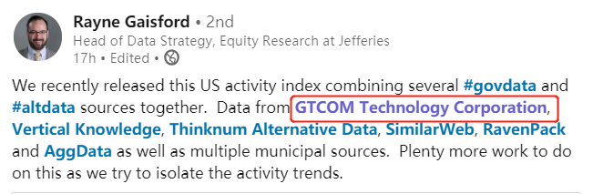 GTCOM_US's tweet photo. GTCOM-US's indicators about COVID-19 were used in @Jefferies new insights. 

Check the full version out:
https://t.co/16hsqOmH6S

#GTCOM #FinTech #AlternativeData #COVID19 https://t.co/zUtbrXlBqq