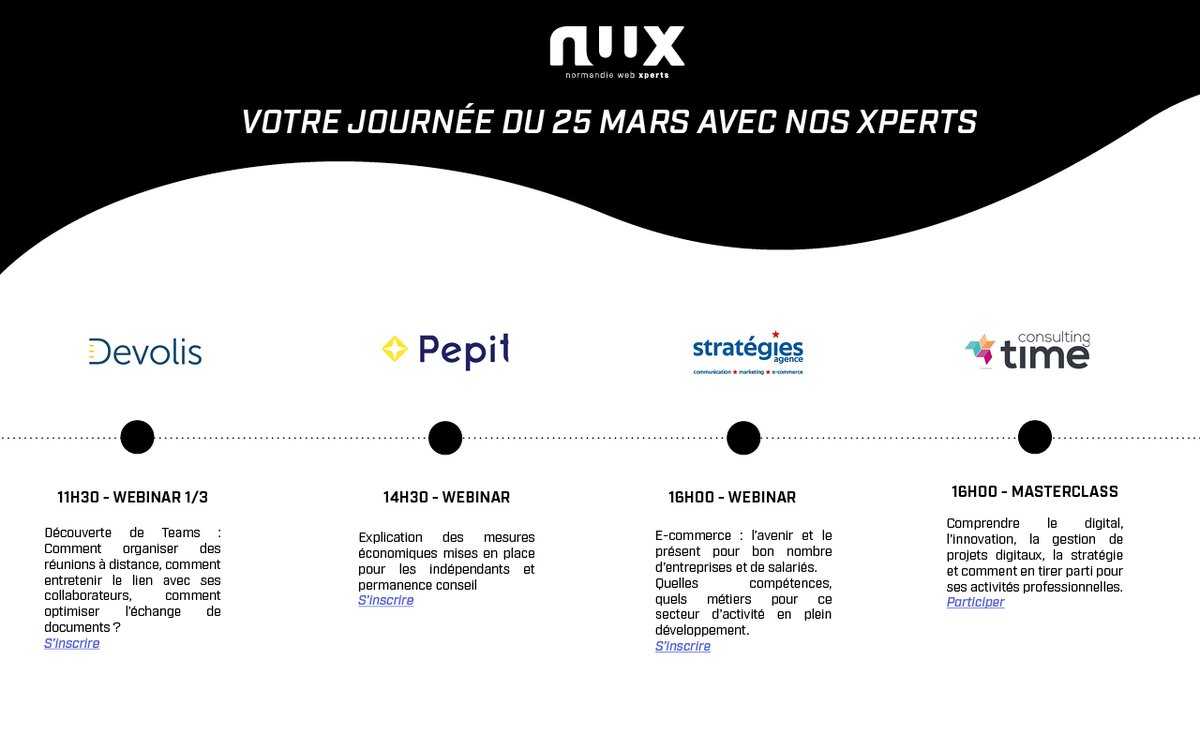 n_w_x's tweet photo. 🗓️ Et si vous passiez votre journée avec des Xperts #NWX ?
La #solidarité de nos membres continue avec 4 #webinars organisés ce 25 mars ! Merci #Devolis, @consultingtime, #Pepit, @Sylv1Gueraiche !
👉https://t.co/RjkNvw5tpa https://t.co/jlccMEpNeB