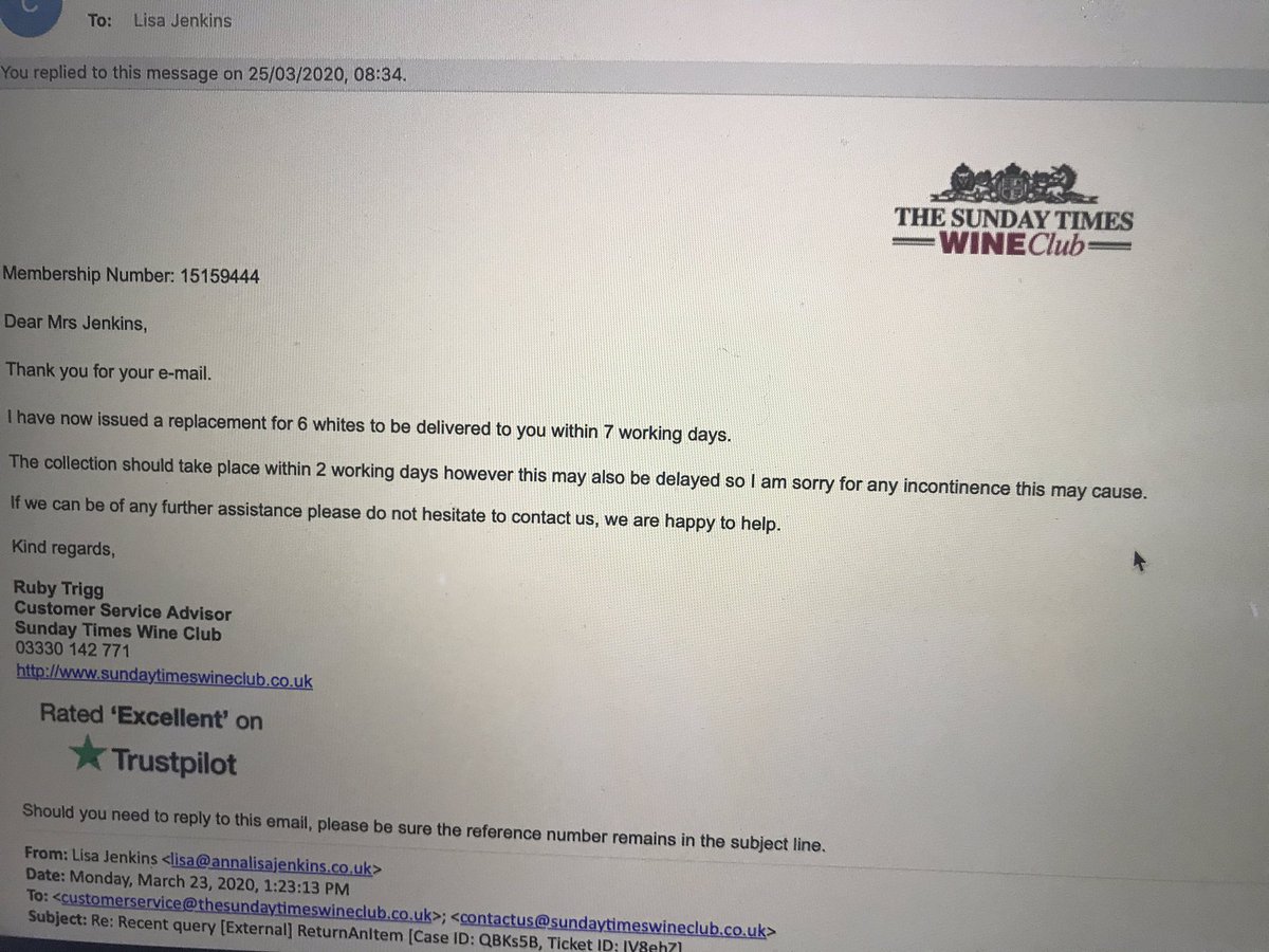 Great customer service with an email from #sundaytimeswineclub making us laugh during these tough times. Don’t worry <a href="/Will_Lyons/">Will Lyons</a>. The wrong wine hasn’t caused me any incontinence yet 😂
