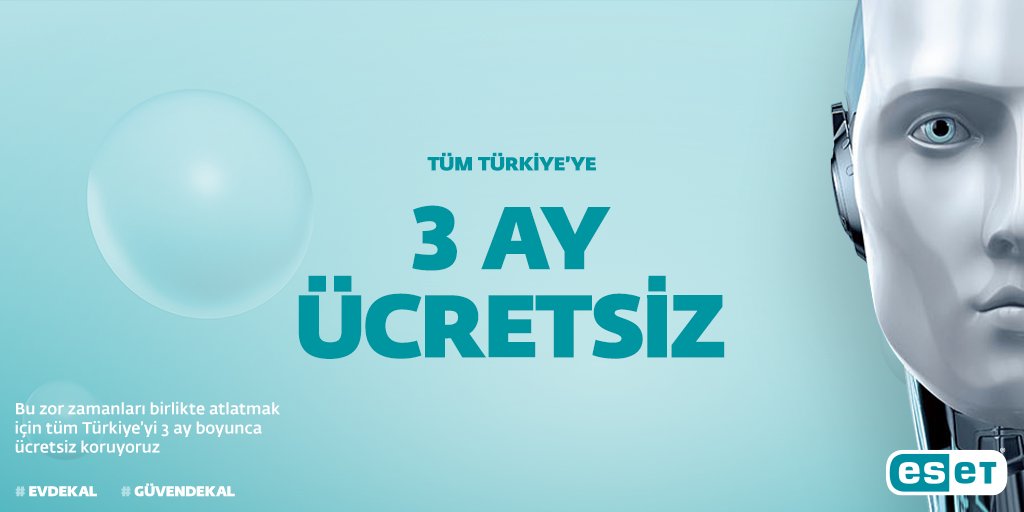 Bu zor zamanları birlikte atlatmak için tüm Türkiye’yi 3 ay boyunca ücretsiz koruyoruz!
Hemen aşağıdaki linkten ESET Internet Security’yi indir; kendini, sevdiklerini üç ay dijital dünyanın tehlikelerinden hiçbir ücret ödemeden koru.
eset.com/tr/covid19/

#evdekal #güvendekal