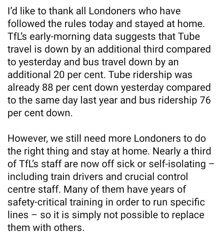 SadiqKhan's tweet photo. UPDATE: My message to Londoners about our public transport network.  

Please take the time to read it. 

#COVID19 #StayAtHome

https://t.co/RkGGm3UhMe https://t.co/PA8t0wAH2Z