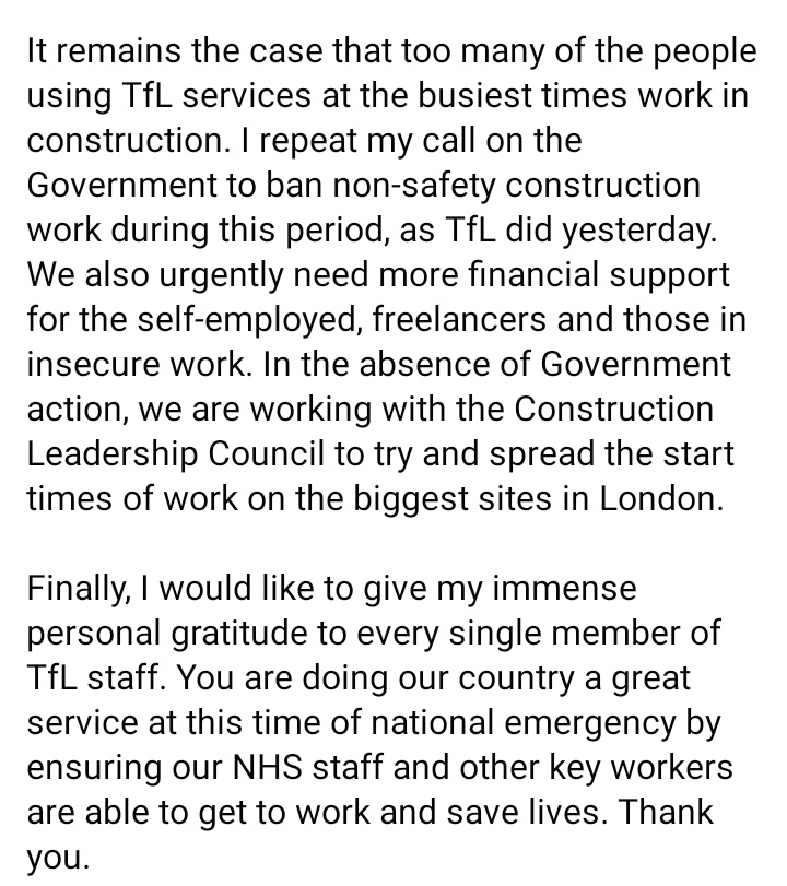 SadiqKhan's tweet photo. UPDATE: My message to Londoners about our public transport network.  

Please take the time to read it. 

#COVID19 #StayAtHome

https://t.co/RkGGm3UhMe https://t.co/PA8t0wAH2Z