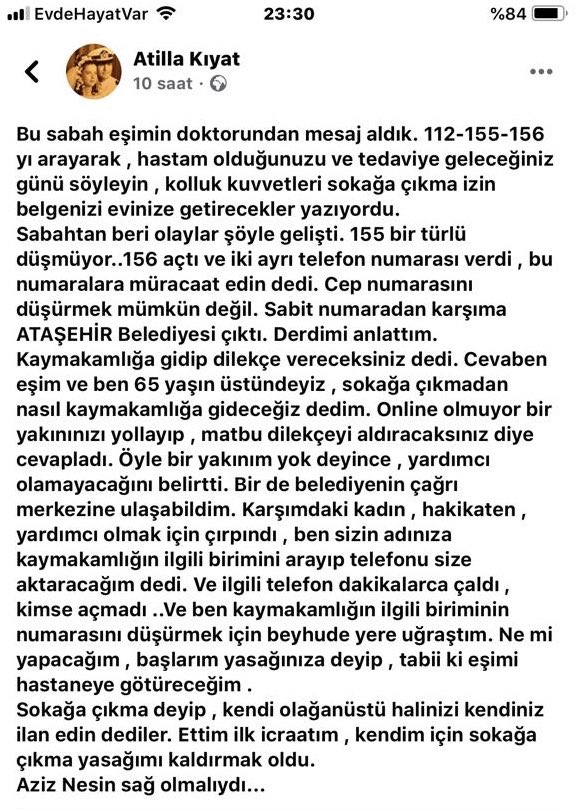 65 yaşın üstünde oldukları için evden çıkamayan emekli Amiral Atila Kıyat paşa ve eşinin yaşadığı Aziz Nesin’lik hikaye...