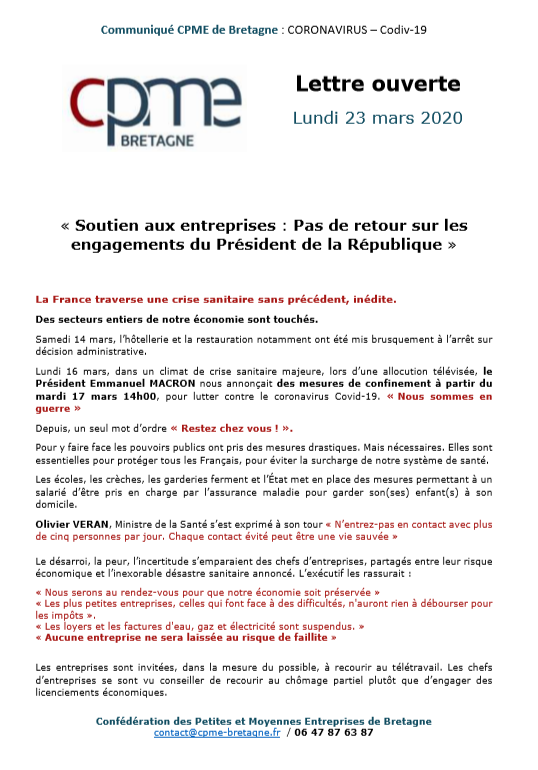 CPME_Bretagne's tweet photo. [LETTRE OUVERTE ] 
 « Soutien aux #entreprises : Pour la @cpmebretagne nous ne pouvons appeler à continuer ou à reprendre l’activité économique que si nous sommes en capacité de garantir la sécurité de nos salariés ...
Lire la suite ▶️https://t.co/tTB4Iitn5D https://t.co/HZg7R3DbWf