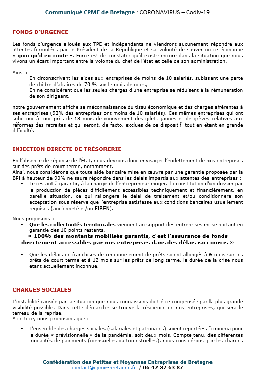 [LETTRE OUVERTE ] 
 « Soutien aux #entreprises : Pour la @cpmebretagne nous ne pouvons appeler à continuer ou à reprendre l’activité économique que si nous sommes en capacité de garantir la sécurité de nos salariés ...
Lire la suite ▶️drive.google.com/open?id=1zaf-I…