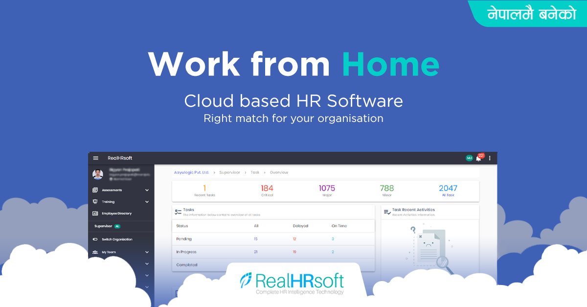 AayuLogic's tweet photo. Let your employees work from home with the ease of attendance, leave, employee communication & task Management system. Define, manage employee plans & track performance in a simplified way from anywhere with the availability of the Internet.
#RealHRsoft #madeinnepal #WorkfromHome https://t.co/oRFeCjfegJ
