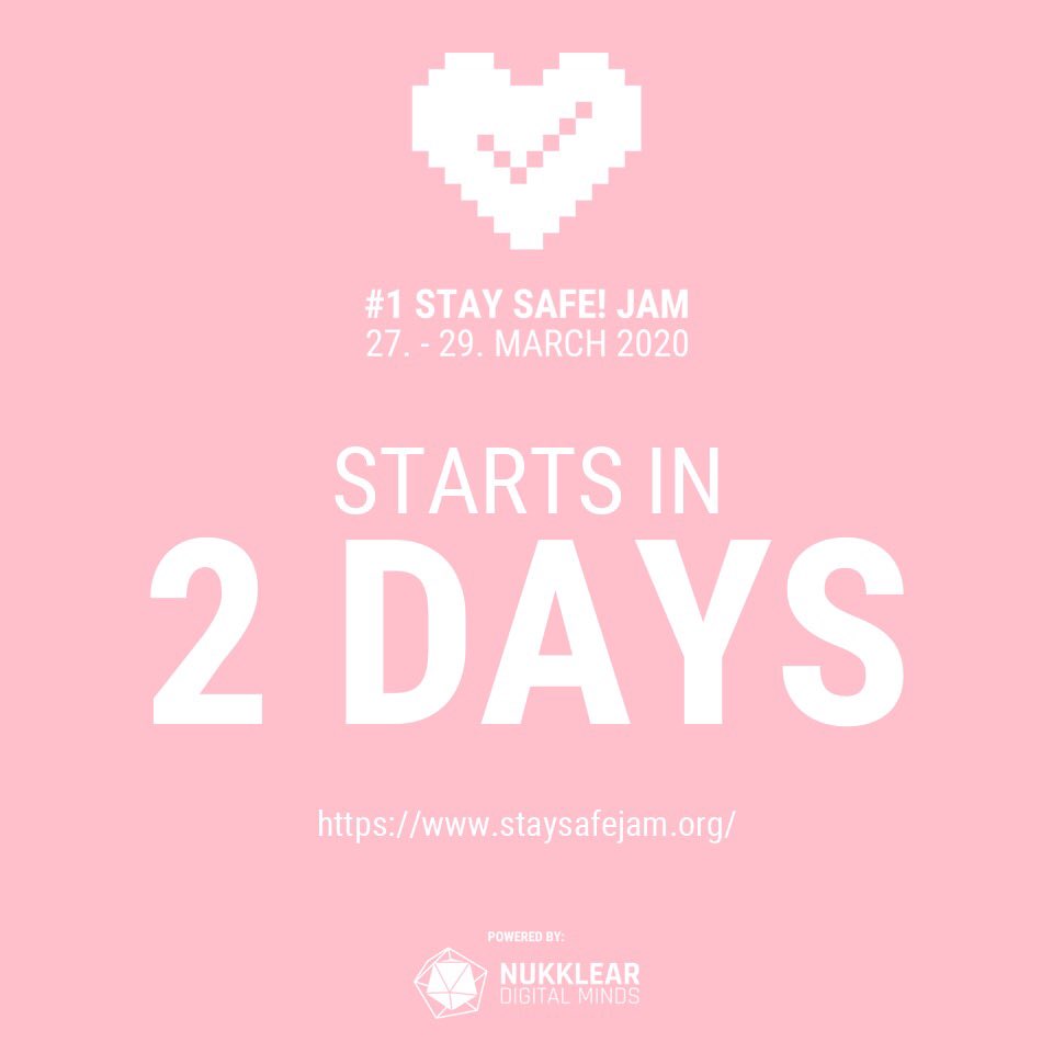 STAY SAFE! JAM (@staysafejam) on Twitter photo Time is running - 2 more days til Stay Safe! Jam – make sure that you have enough food, beverages and a creative working environment at home! staysafejam.org
Save the date:Friday 10pm CET!
#staysafejam #flattenthecurve #gamersvscovid19 #devsvscovid19 #staysafe #stayhome Time is running - 2 more days til Stay Safe! Jam – make sure that you have enough food, beverages and a creative working environment at home! staysafejam.org
Save the date:Friday 10pm CET!
#staysafejam #flattenthecurve #gamersvscovid19 #devsvscovid19 #staysafe #stayhome