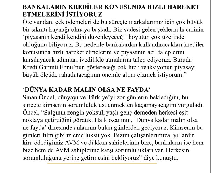Başkanımız <a href="/sinan_oncel/">Sinan Öncel</a> : En az 200 AVM, kilitli mağazalardan kira ve genel gider alabilmek için resmi kapama kararını açıklamıyor. AVM sahiplerinden net bir açıklama yapmalarını bekliyoruz.