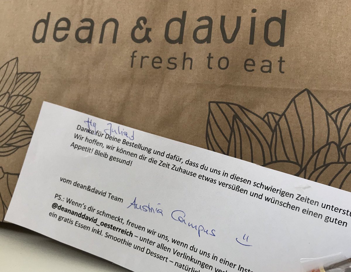 .⁦<a href="/dean_and_david/">dean&david</a>⁩ kommt auf wöchentl BestellListe:
unser kl Beitrag in Corona-Zeiten die Restaurants unterstützen und @mjam und ⁦<a href="/lieferandoAT/">Lieferando.at</a>⁩ Boten ordentlich Trinkgeld geben.